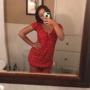 Gingham crimson button-down high-low dress